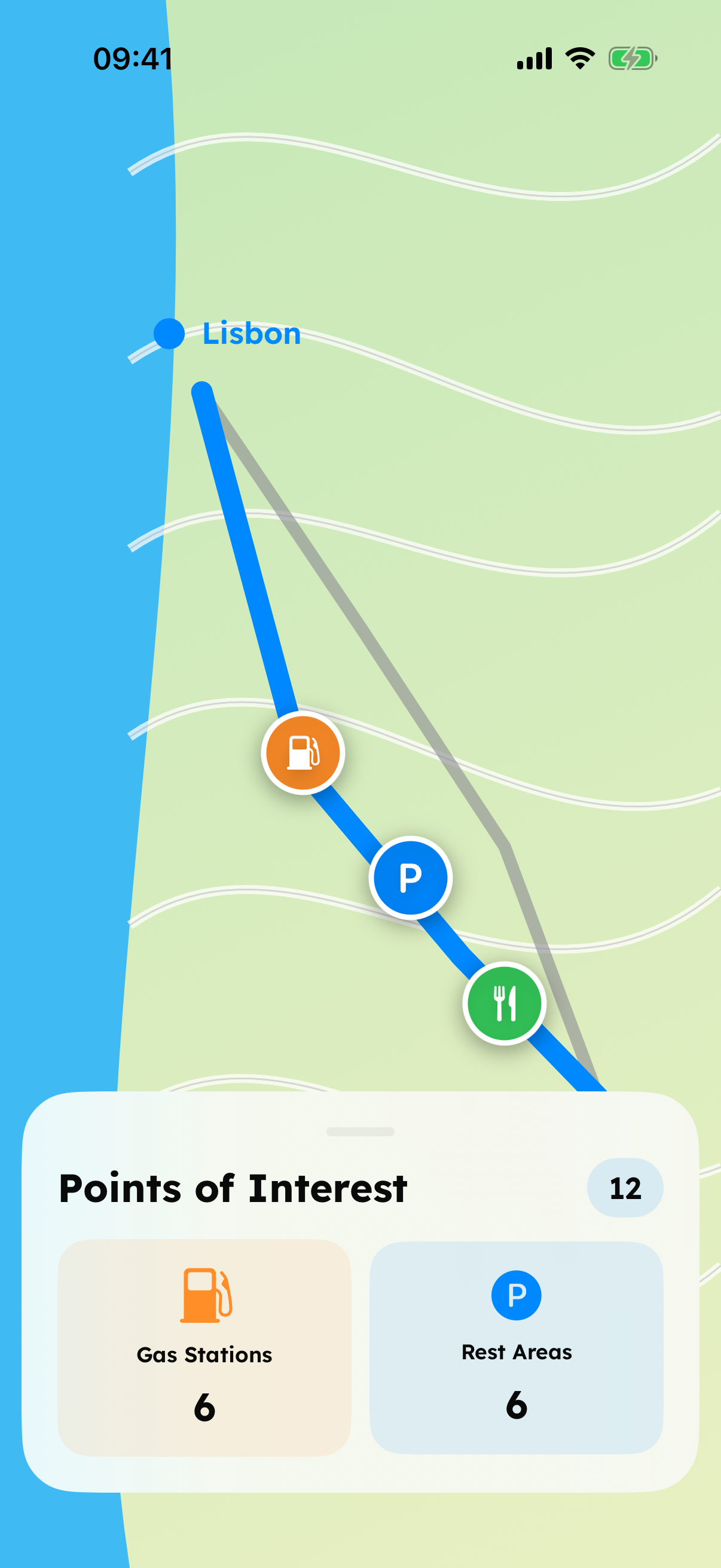 EuroTolls mapping fuel stations, rest areas and food stops along a European road trip