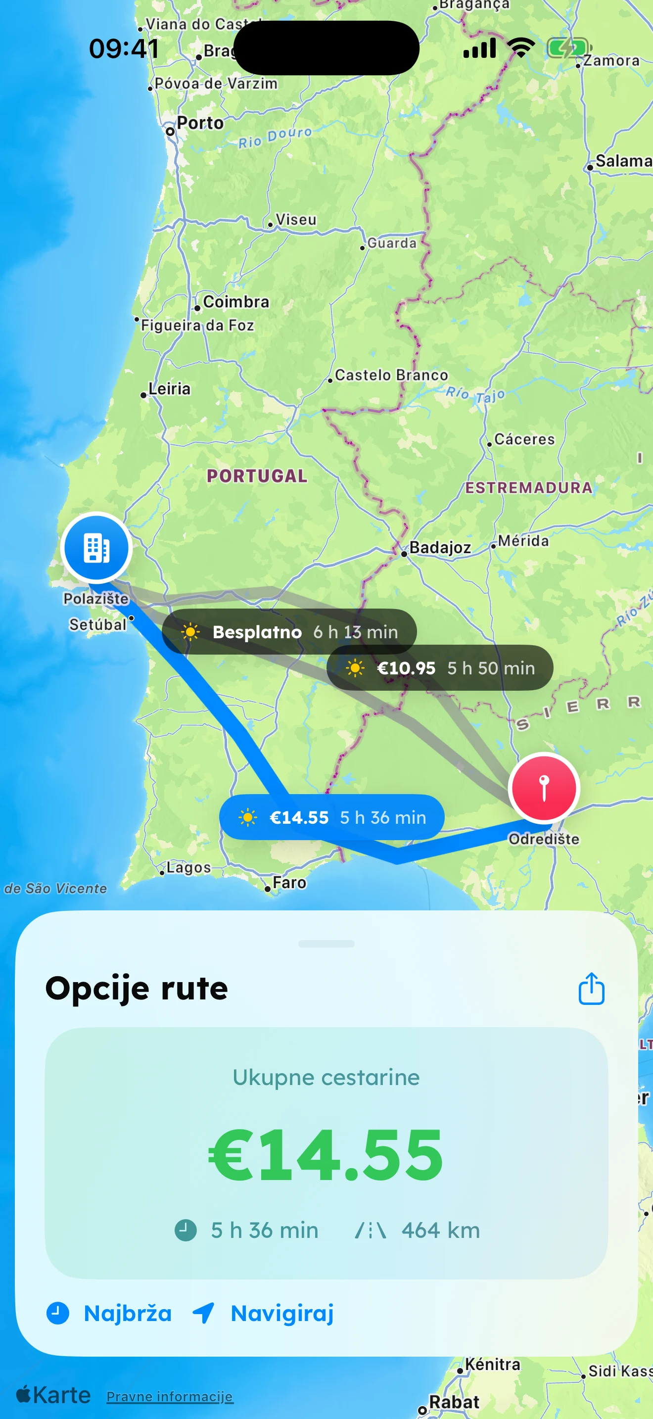 EuroTolls uspoređuje vrijeme rute, udaljenost i cijenu cestarine od Lisbon do Seville