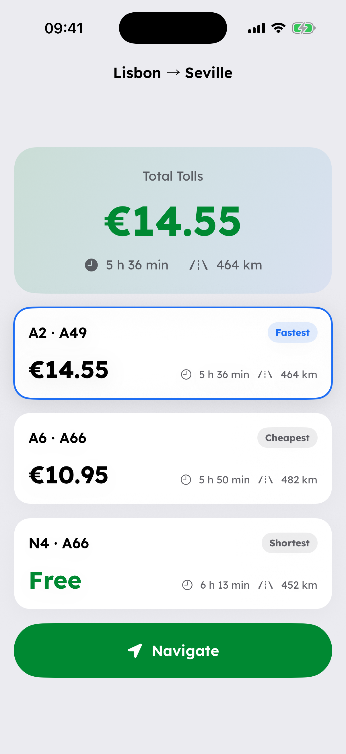 Comparing routes, toll prices, distance and driving time