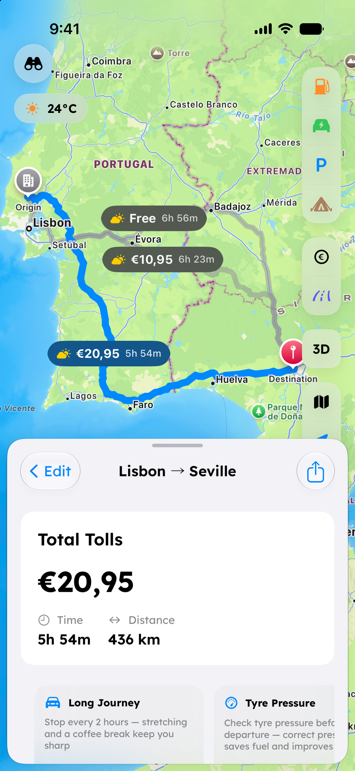 EuroTolls comparing route time, distance and toll cost from Lisbon to Seville